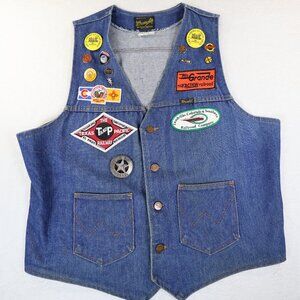 Vintage Wrangler‎ Western Denim Vest XL Railroad Train Patches and Pins